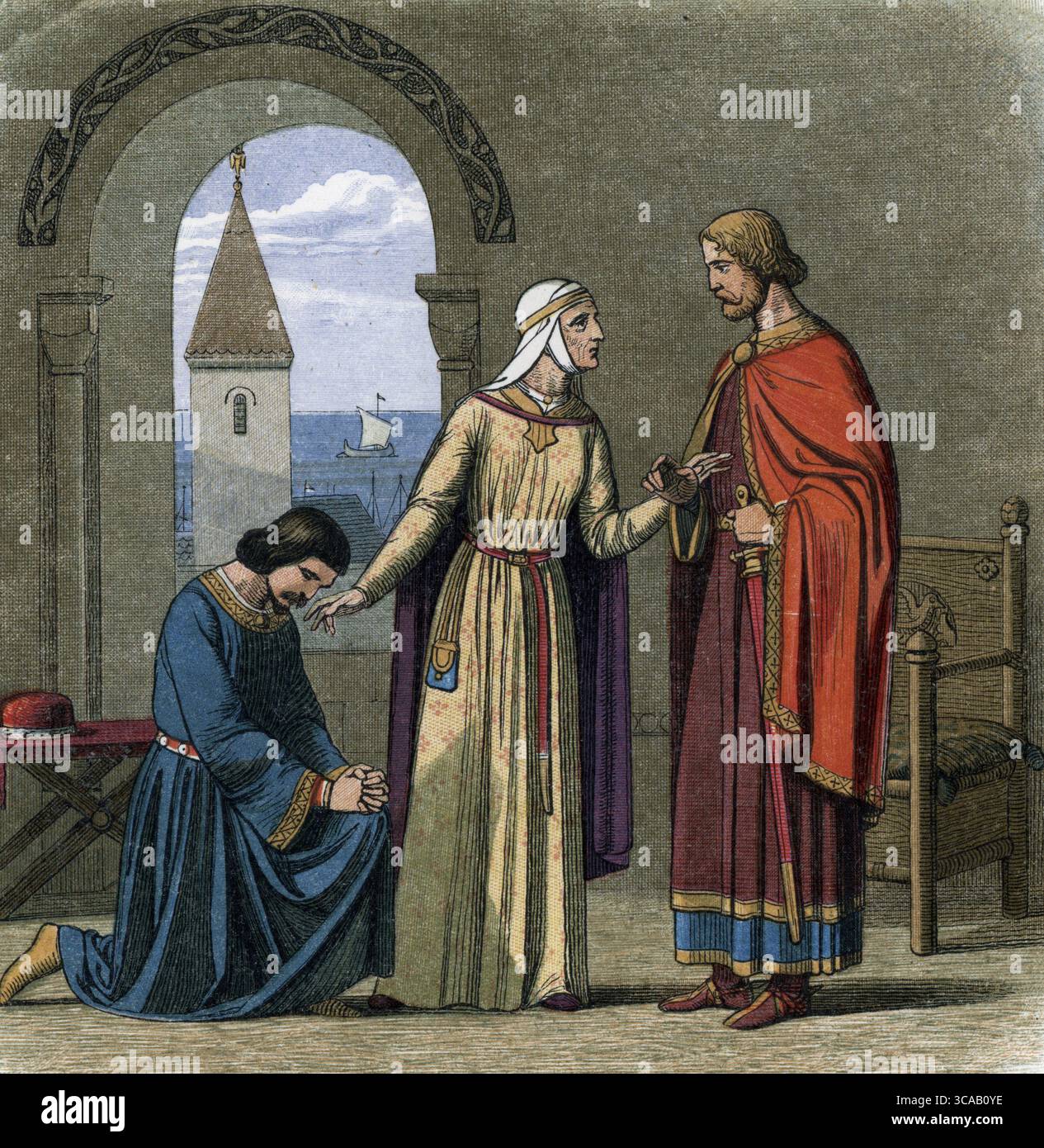 Re Riccardo i d'Inghilterra perdona suo fratello Giovanni per intercessione della madre Eleonora d'Aquitania, 1194 illustrazione da Una Cronaca d'Inghilterra di James Doyle, 1864 Foto Stock