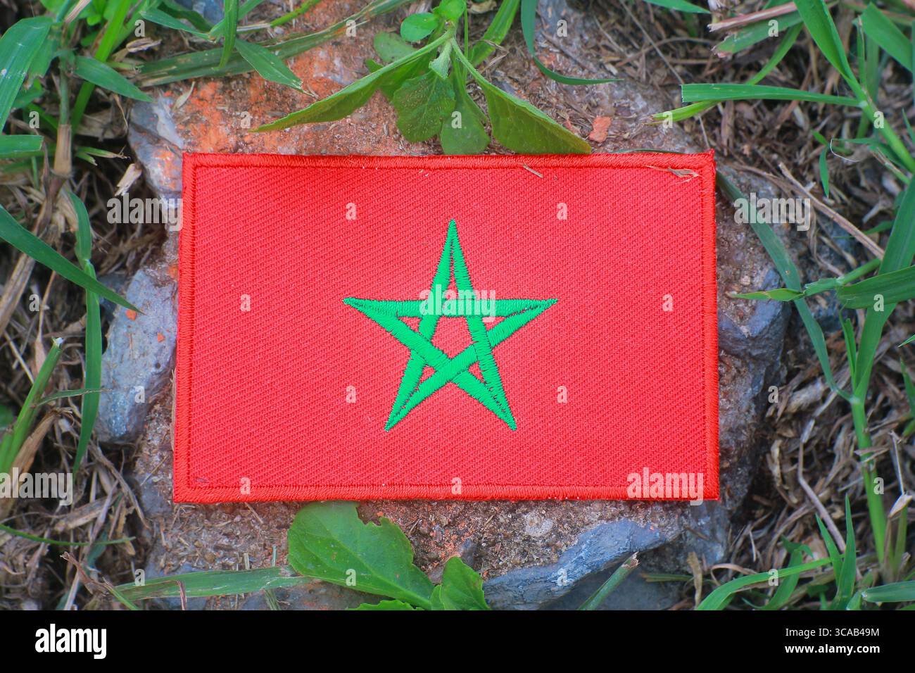 Bandiera marocchina ecologica posta su una pietra forestale con erba e foglie intorno. La luce naturale soffusa esalta l'atmosfera di viaggio tranquilla e verde. Foto Stock
