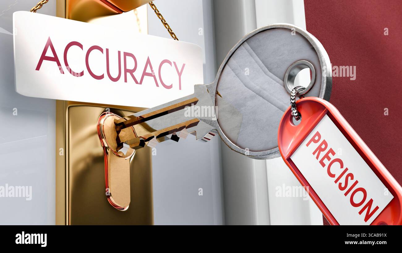 La precisione porta alla precisione: È una chiave per sbloccare la precisione. Una metafora della chiave della porta che mostra come la precisione sia una chiave per accedere alla precisione. E' una e necessaria Foto Stock