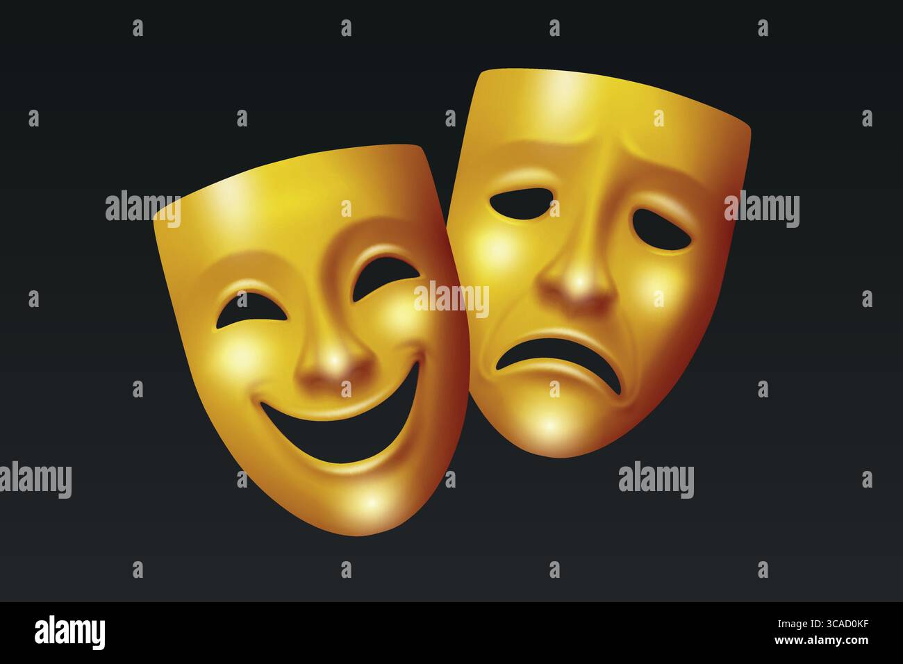 Vector 3d Golden Theater Maschere per Commedia e tragedia in stile classico greco e romano. Maschere teatrali per spettacoli teatrali e teatrali. Maschere da teatro Illustrazione Vettoriale