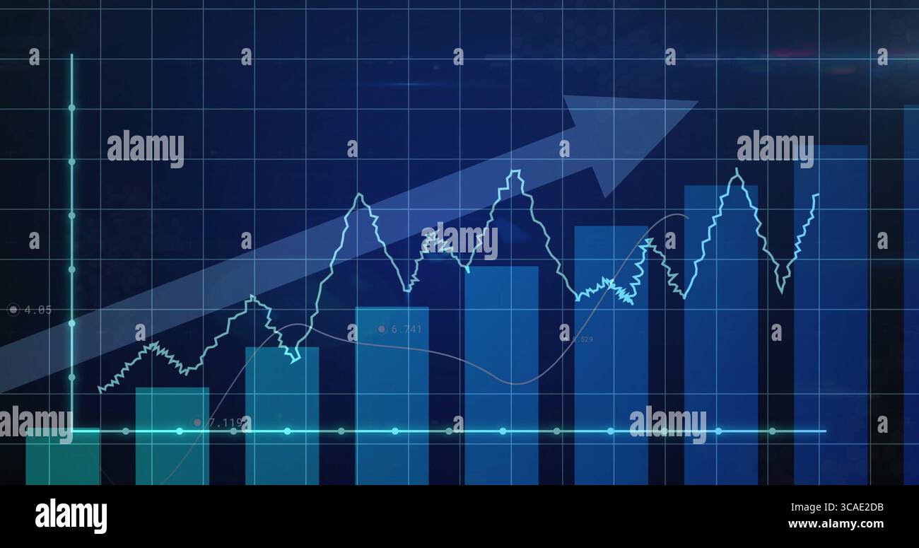 Dashboard di presentazione con grafici a barre, grafici a linee e linee della griglia sullo schermo, con freccia rivolta verso l'alto Foto Stock