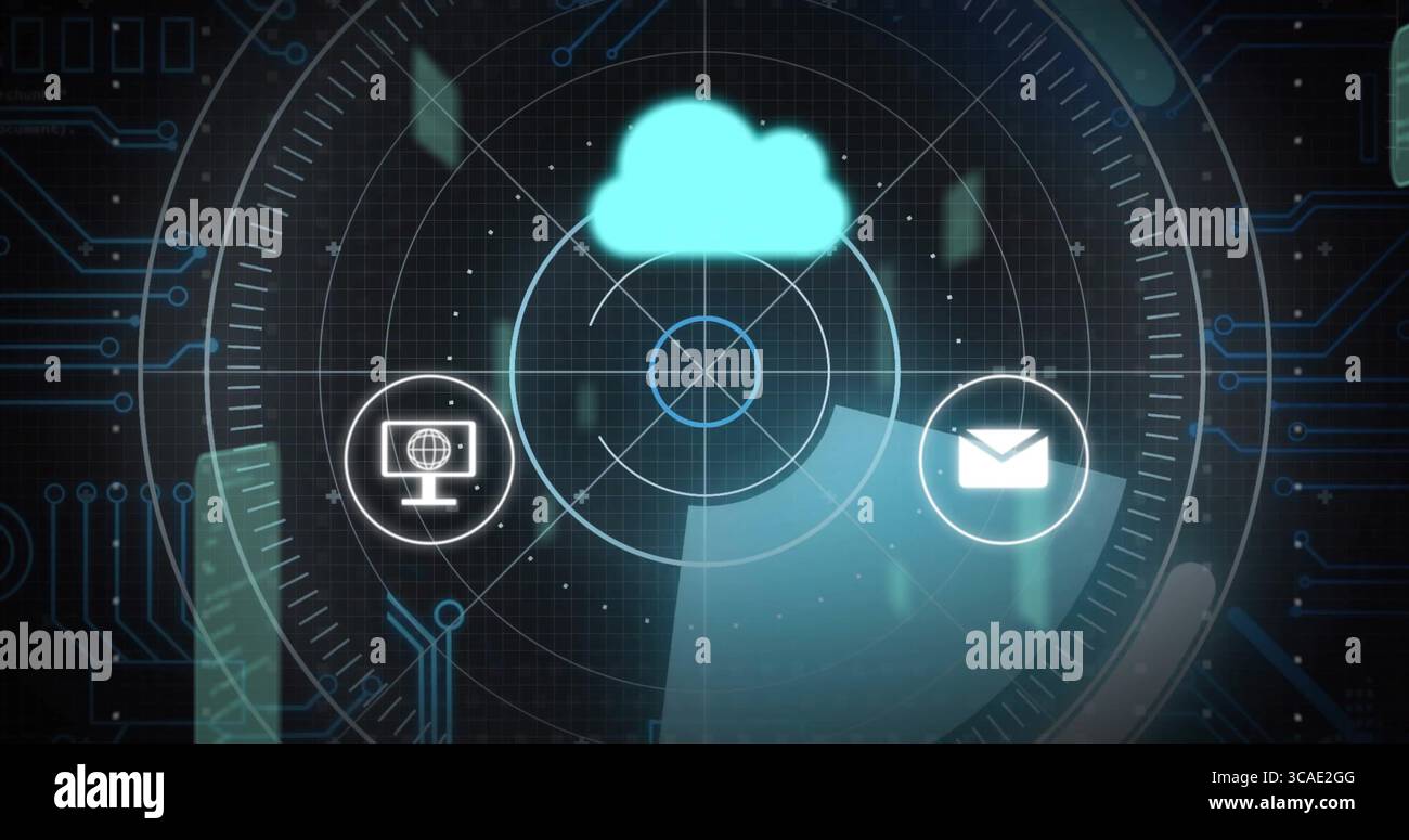 L'icona del cloud turchese pulsante galleggia sull'interfaccia utente, con l'icona del monitor e della posta e i nodi della griglia Foto Stock