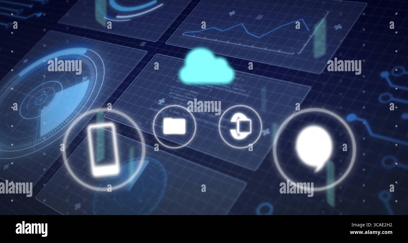 Icona cloud mobile che passa con il mouse sopra i pannelli mesh nella griglia digitale, mostrando le icone dell'interfaccia utente e i grafici dei dati Foto Stock