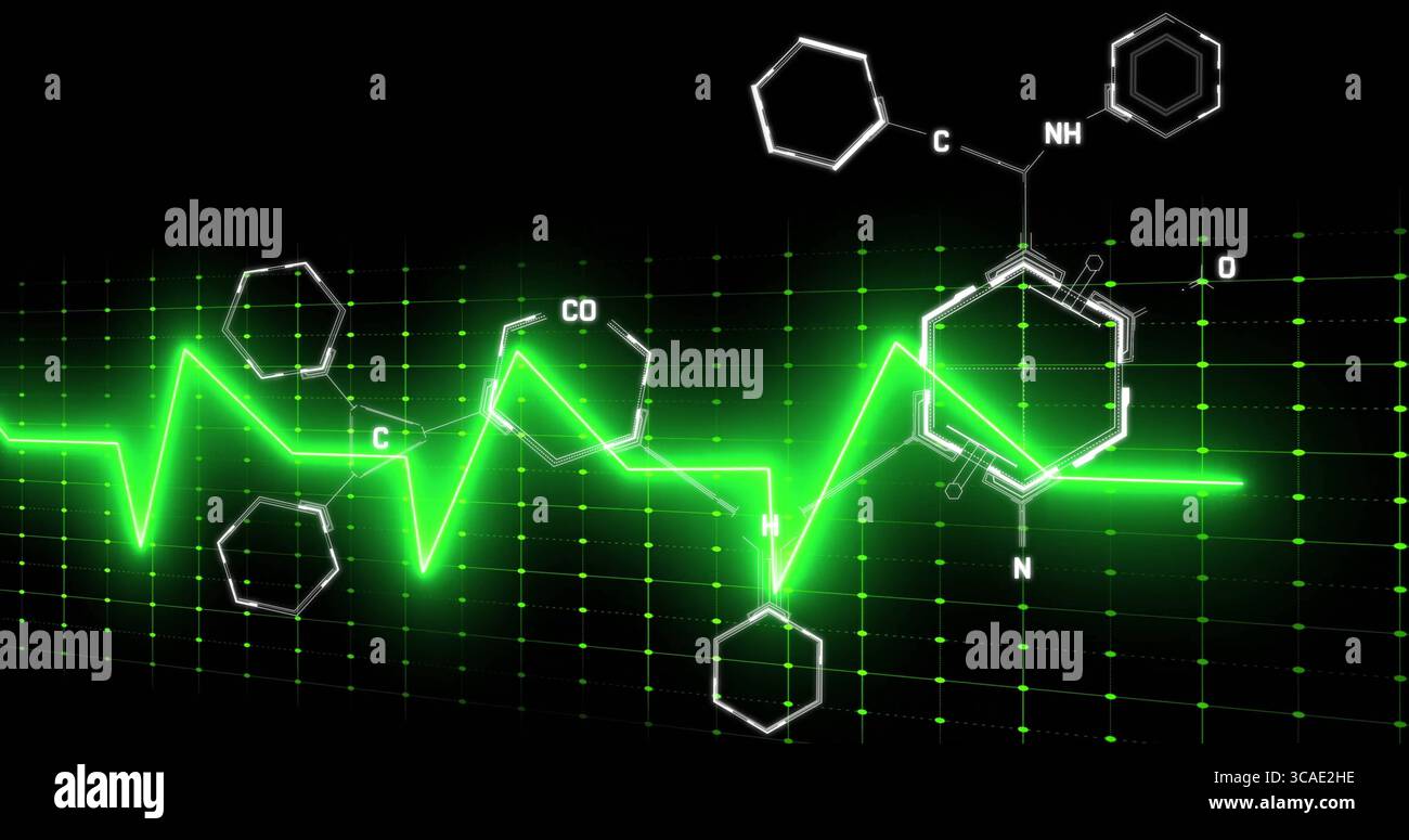 Visualizzazione della forma d'onda ECG verde fluttuante sulla griglia digitale, con molecole bianche ed etichette di legame Foto Stock