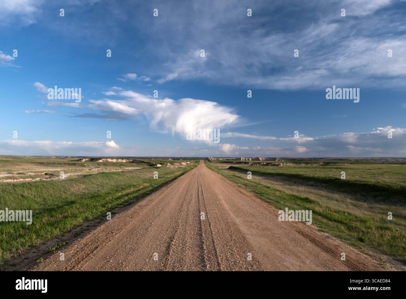 Osserva la prospettiva lungo una strada panoramica sterrata e ghiaia sulla solitaria prateria del South Dakota al Badlands National Park Foto Stock