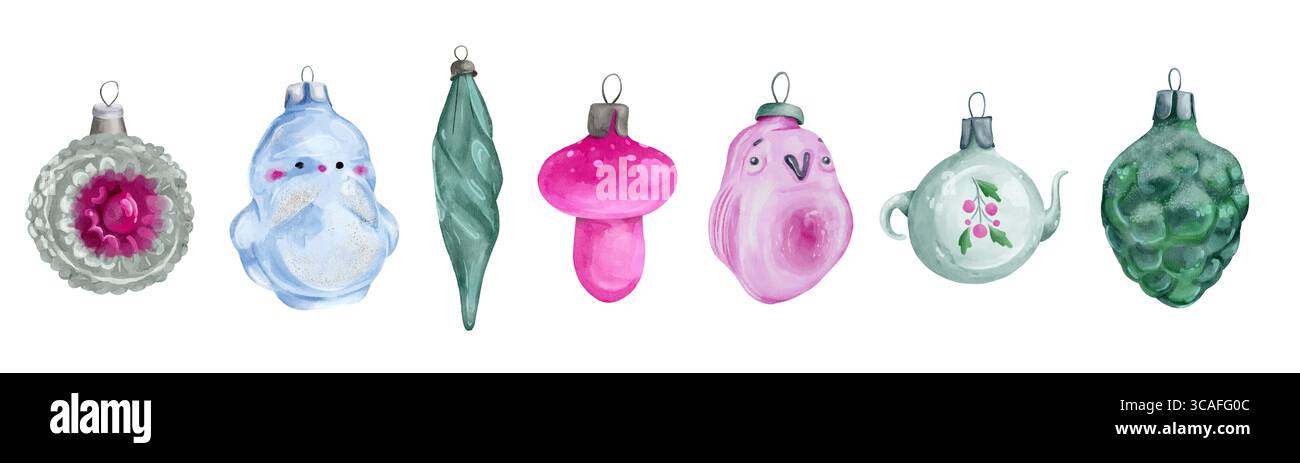 Set di giocattoli rétro per alberi di Natale. Illustrazioni isolate in acquerello. Questi coloratissimi ornamenti in vetro sono perfetti per festeggiare le vacanze e valorizzare le decorazioni natalizie Foto Stock