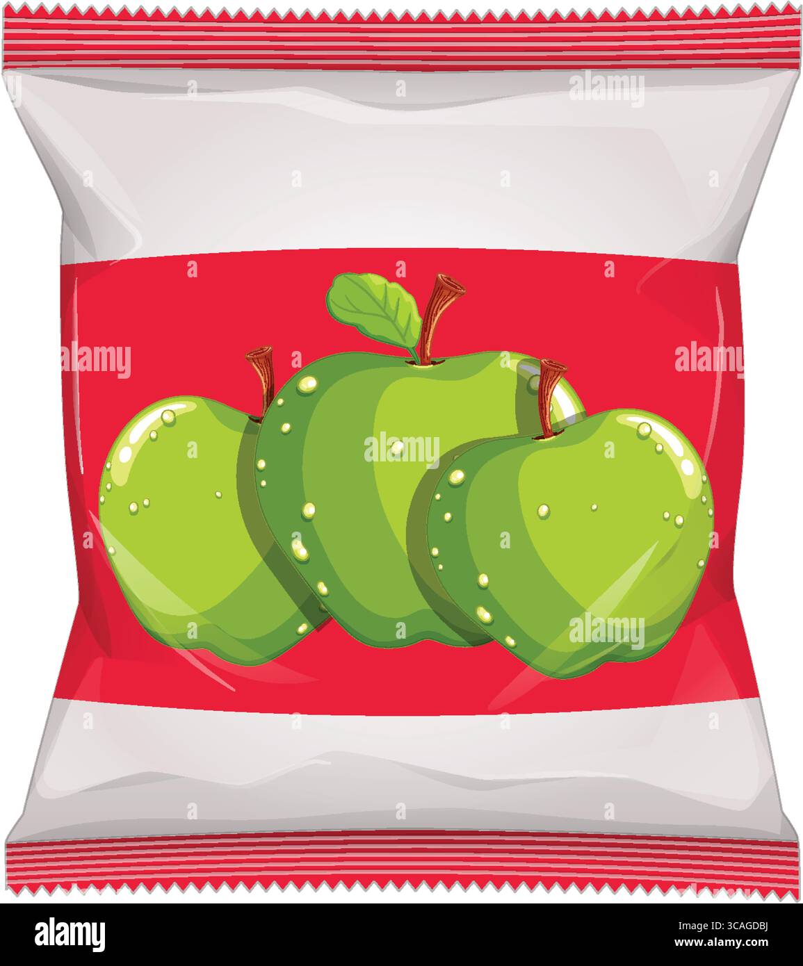Illustrazione vettoriale di un pacchetto di snack con tre mele verdi su uno sfondo rosso audace, layout pulito e luci lucide Illustrazione Vettoriale