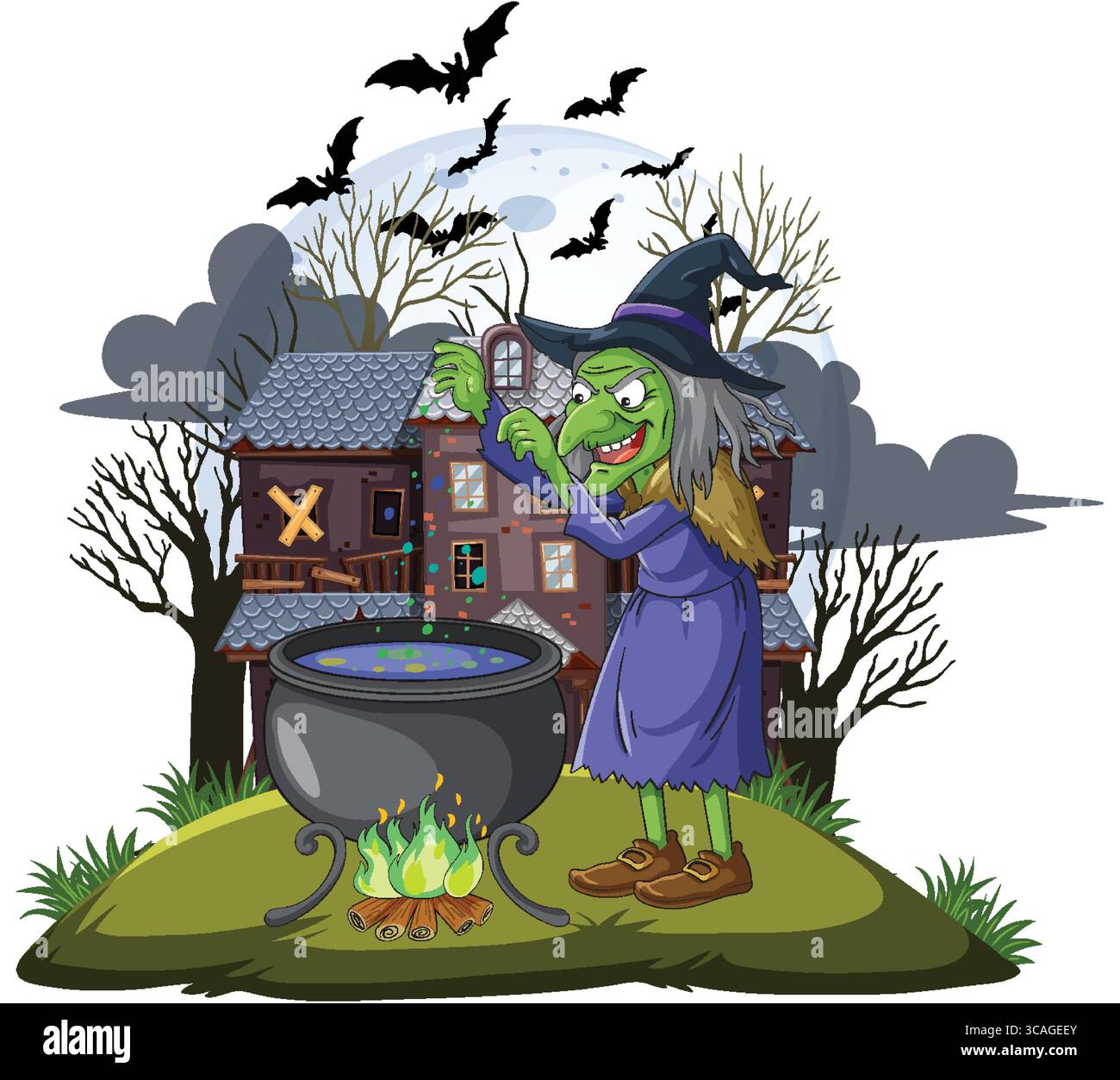 La strega verde in stile cartoni animati mescola il calderone gorgogliante su una collina erbosa, con spettrali case infestate dai fantasmi, pipistrelli e nuvole scure sullo sfondo Illustrazione Vettoriale