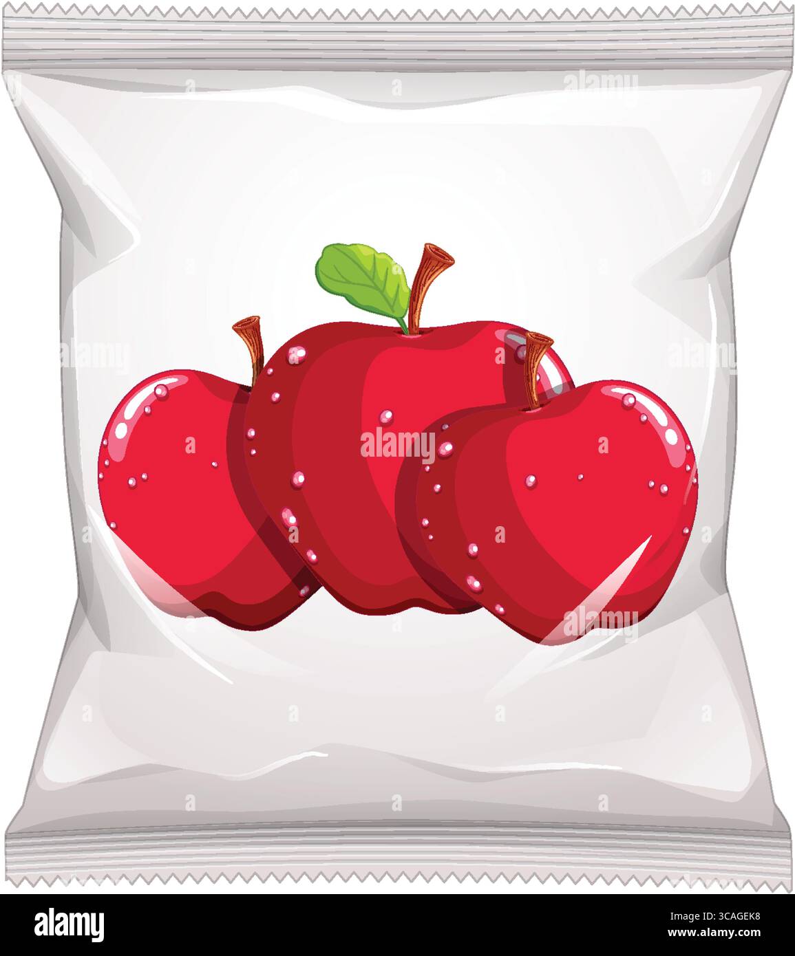 Tre mele rosse lucide con una foglia verde sono illustrate su un pacchetto snack trasparente, utilizzando colori vivaci e linee vettoriali pulite Illustrazione Vettoriale