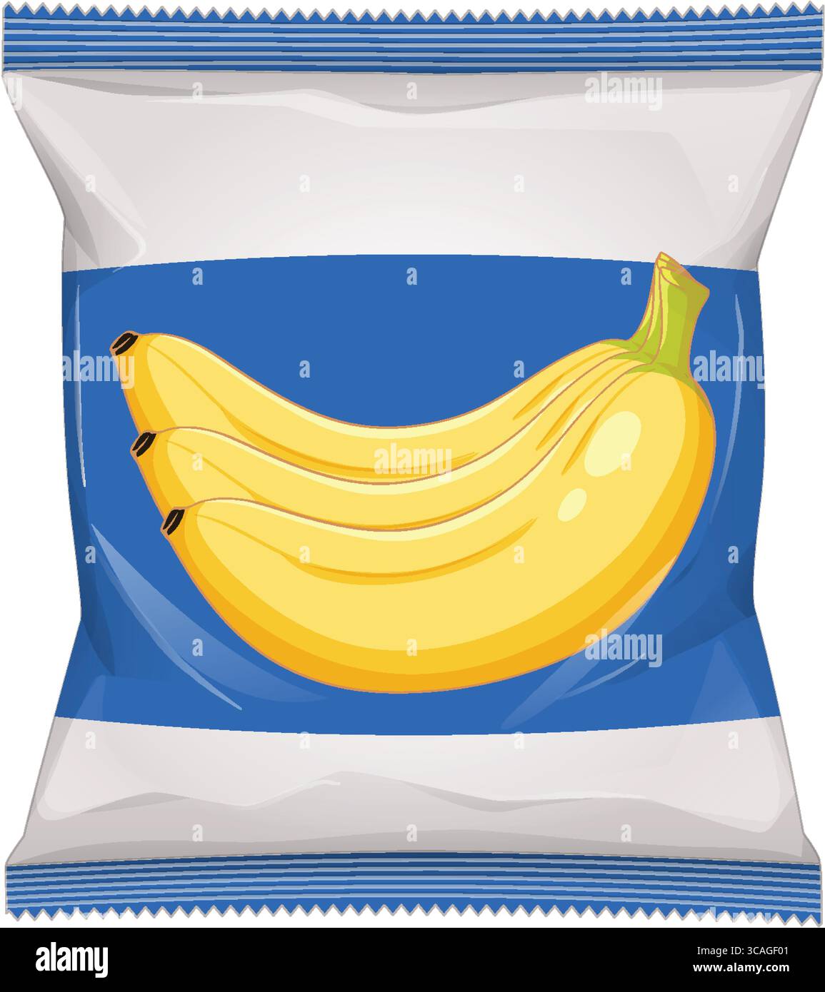 Illustrazione vettoriale colorata di un pacchetto di snack con una luminosa grafica a banana, linee pulite e uno sfondo blu e bianco Illustrazione Vettoriale