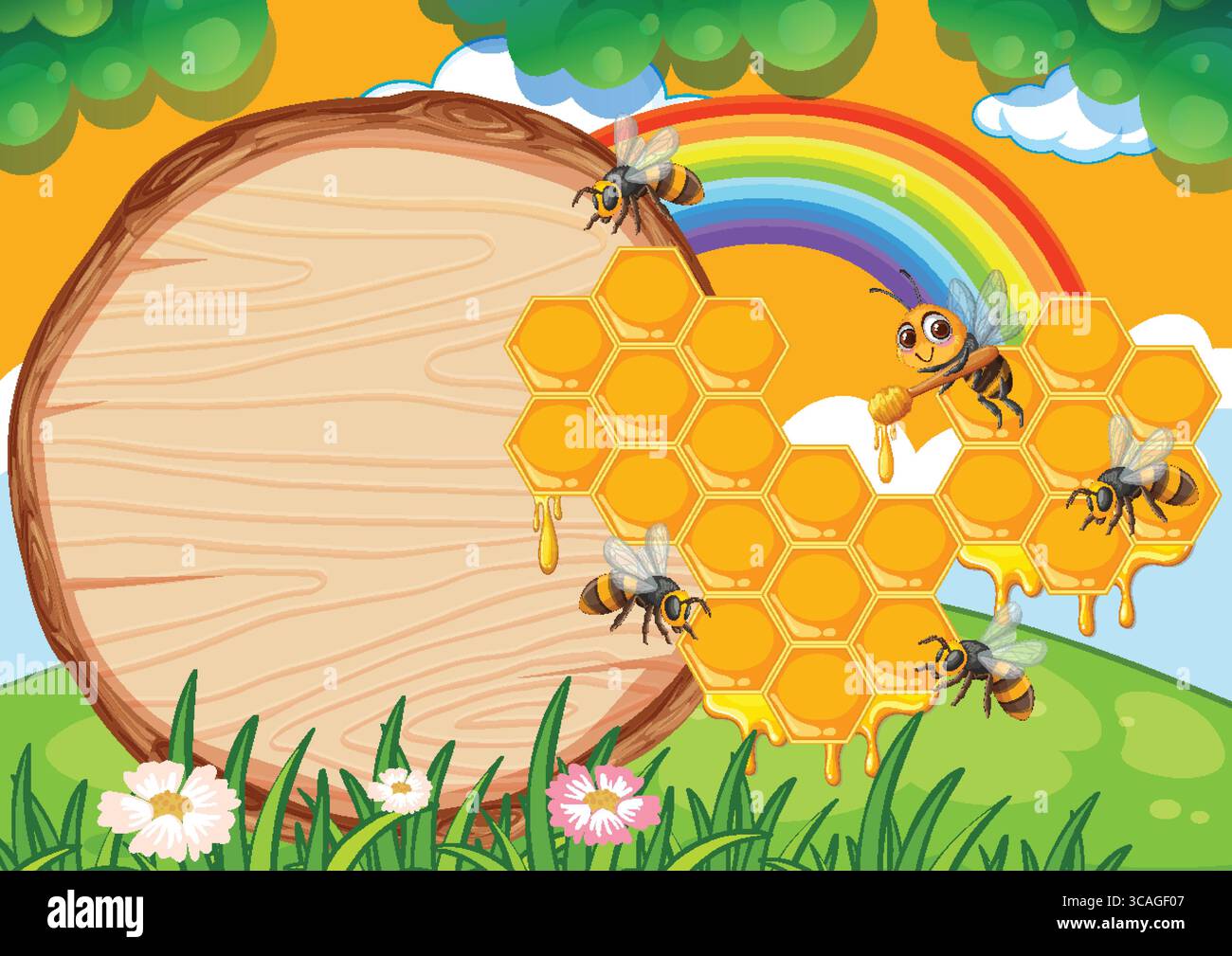 Api che lavorano a nido d'ape con sfondo arcobaleno Illustrazione Vettoriale