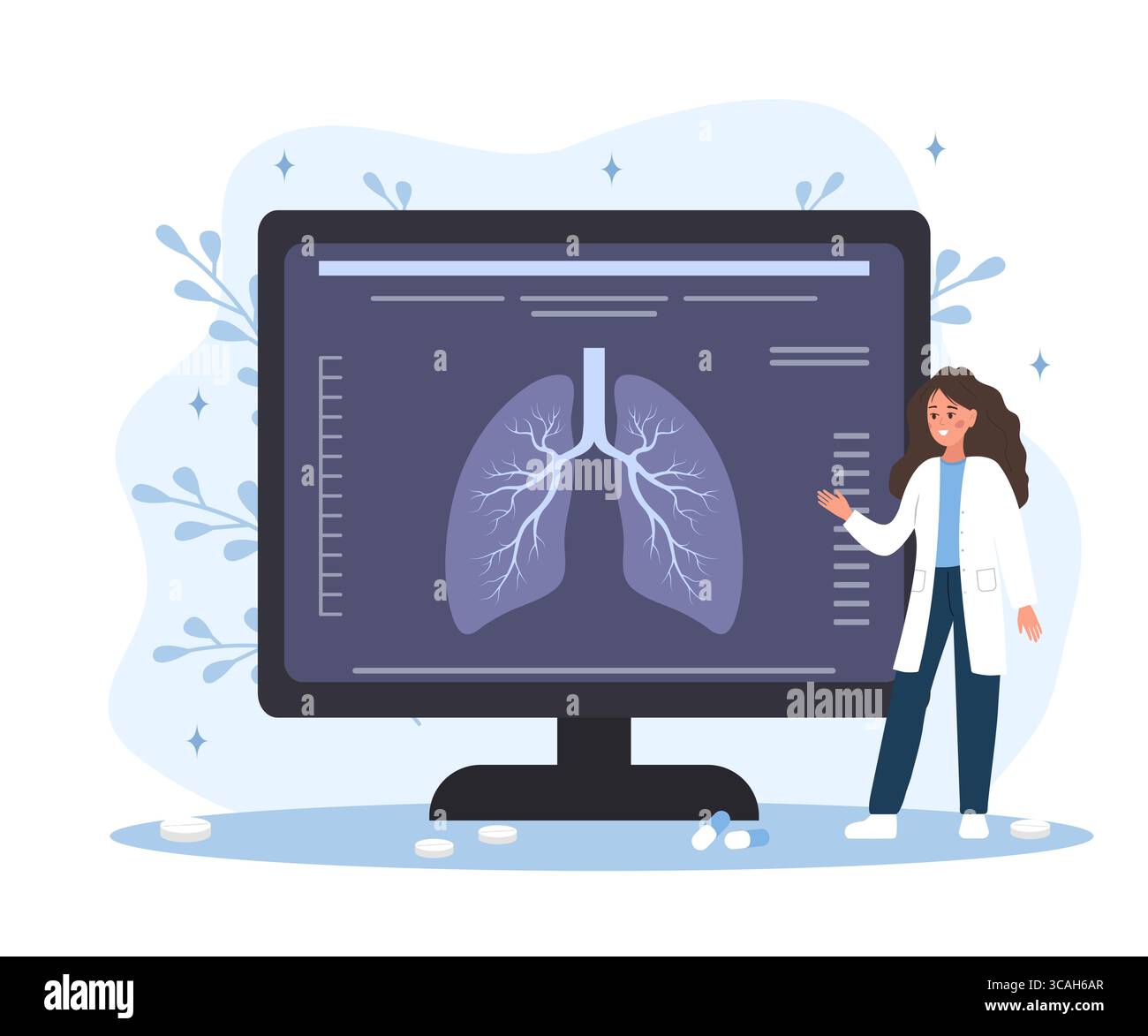 Concetto di polmonologo. Cura dei polmoni e diagnostica medica. Medico donna esamina la fluorografia. Illustrazione del vettore piatto Illustrazione Vettoriale