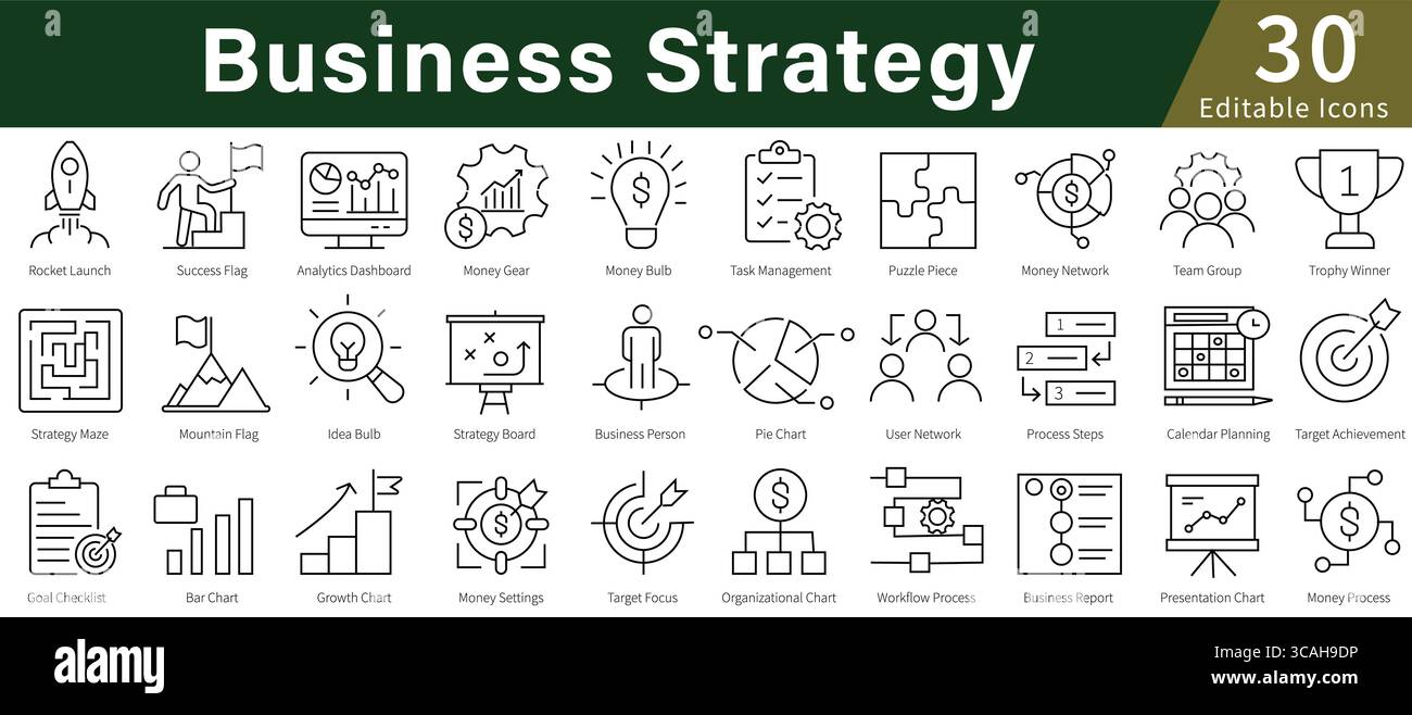 Icone di linea modificabili per strategia aziendale impostate per pianificazione, gestione, sviluppo aziendale e strategico Illustrazione Vettoriale