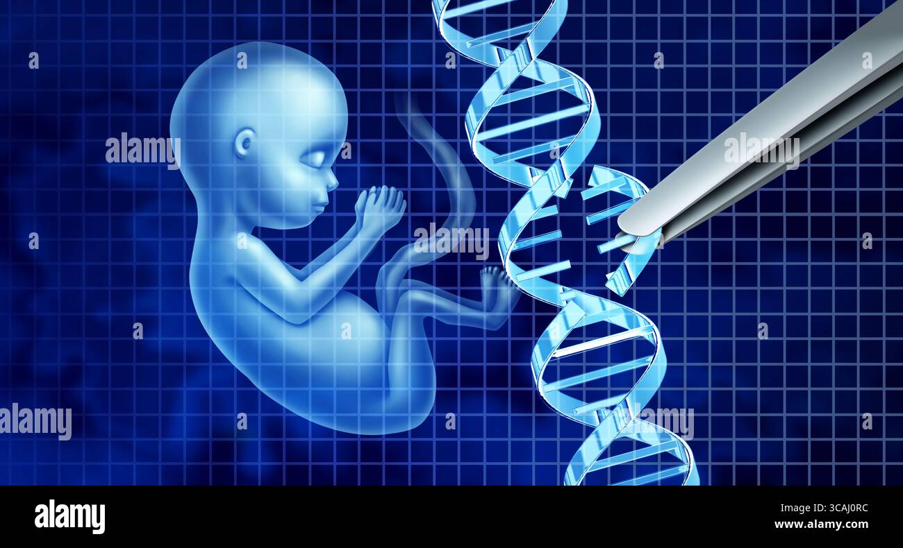 Genetico modificato bambini e scienza riproduttiva genetica in vitro CRISPR genoma ingegneria medico biotecnologia concetto di assistenza sanitaria con un doppio modificato Foto Stock