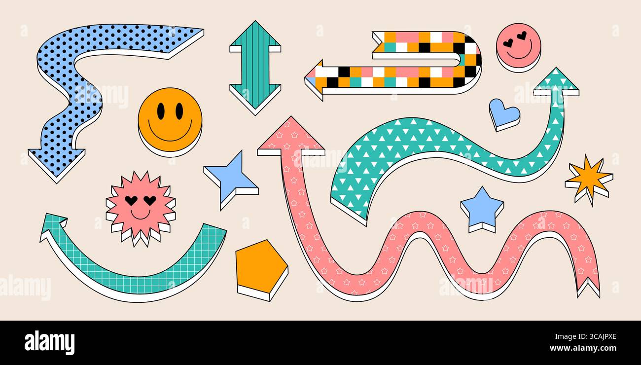 Frecce decorative con motivi divertenti in un design retrò: Puntatori curvi, ondulati e dritti decorati con punti, triangoli, righe e stelle. Volti sorridenti, cuori e forme geometriche per adesivi Illustrazione Vettoriale