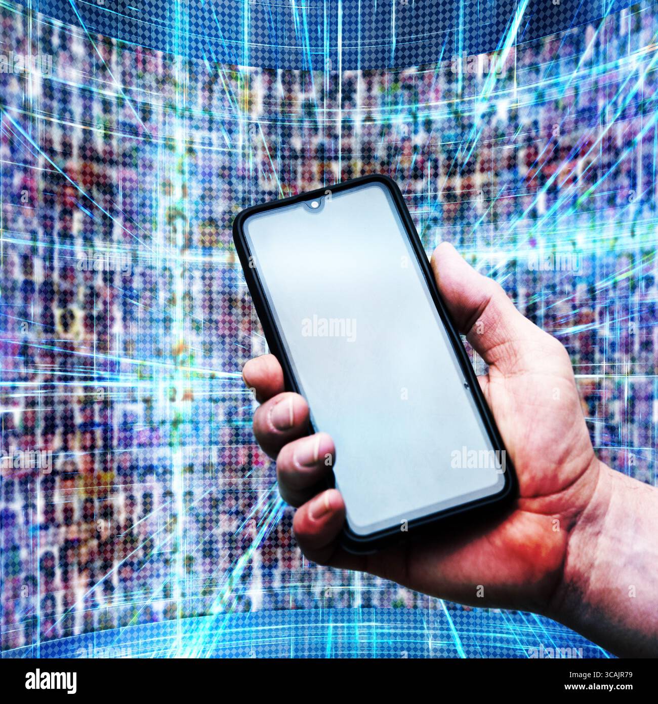 con smartphone e muro di persone, social media e concetto di social networking Foto Stock