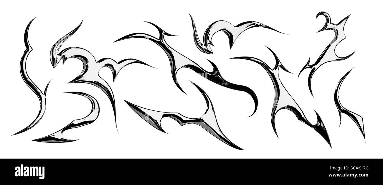 Disegni tribali in metallo y2k con elementi gotici per body art e grafica decorativa. Motivi di fiamma neri astratti con uno stile estetico audace. Moderne illustrazioni vettoriali metalcore. Illustrazione Vettoriale