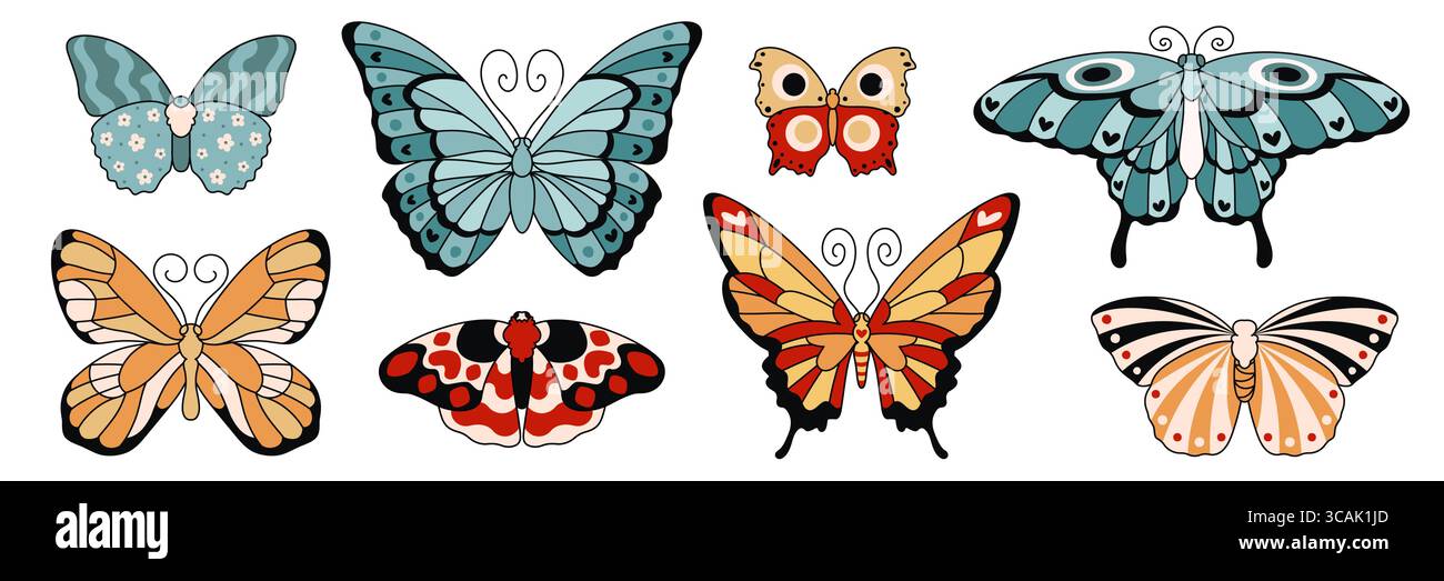 Farfalla scanalata con monarca e strisce, ali con motivi geometrici, falena con punti di vista e design floreale, luna con cerchi e ala floreale, motivi stellati e cuori per un'arte in stile hippie Illustrazione Vettoriale