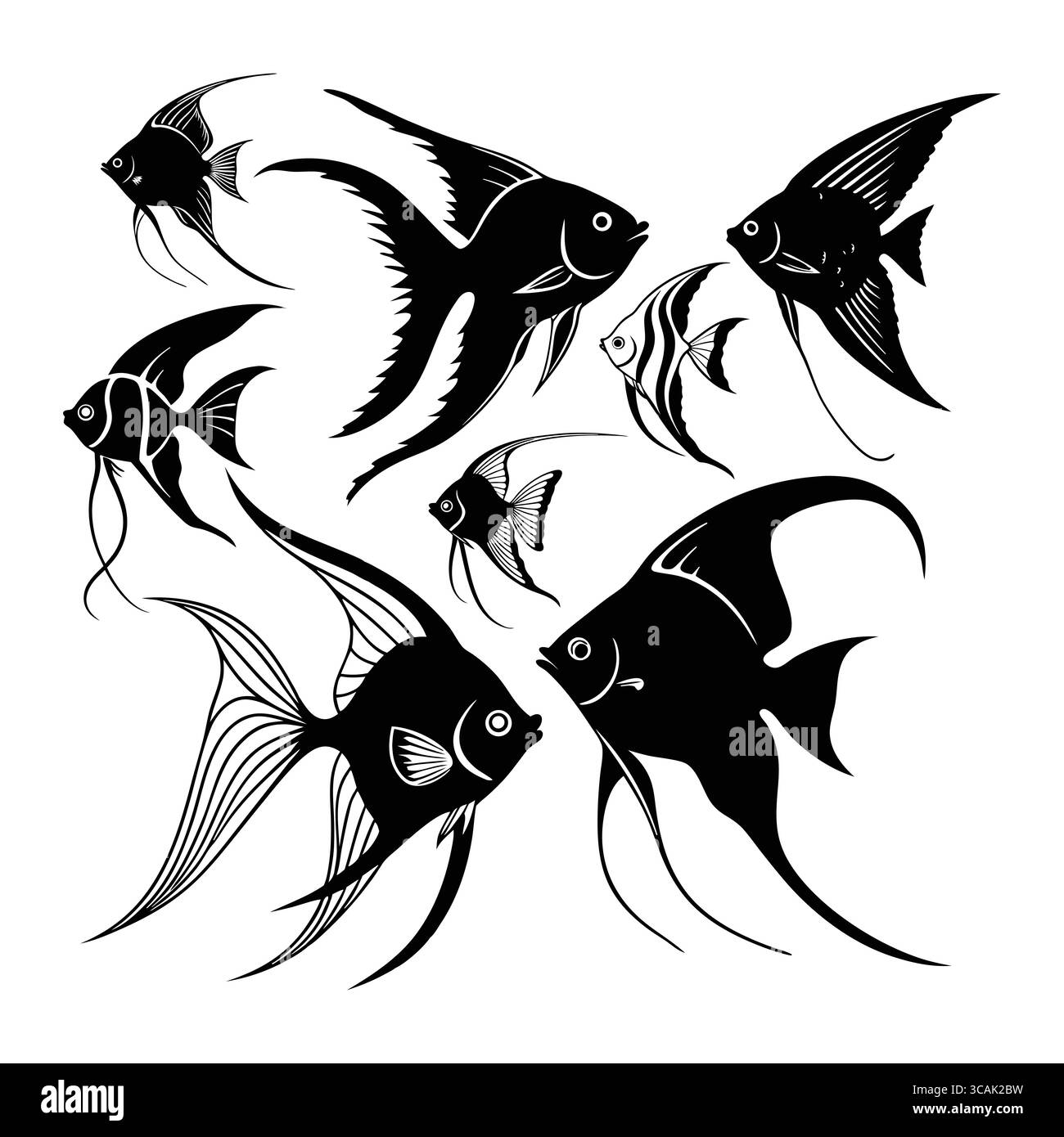 Collezione di illustrazioni stilizzate Angelfish su sfondo bianco Illustrazione Vettoriale