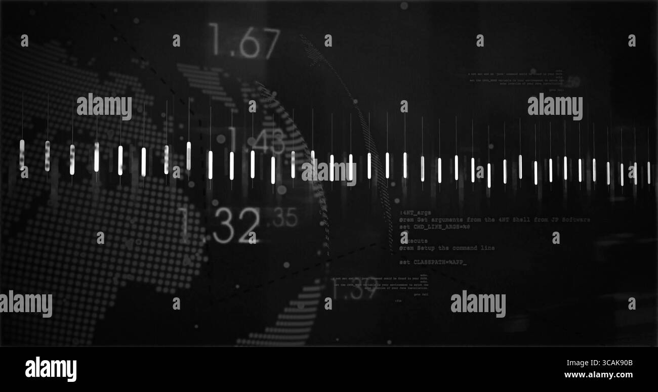 Visualizzazione del grafico a barre dell'equalizzatore a impulsi nella console virtuale, con globo punteggiato e sovrapposizioni numeriche Foto Stock