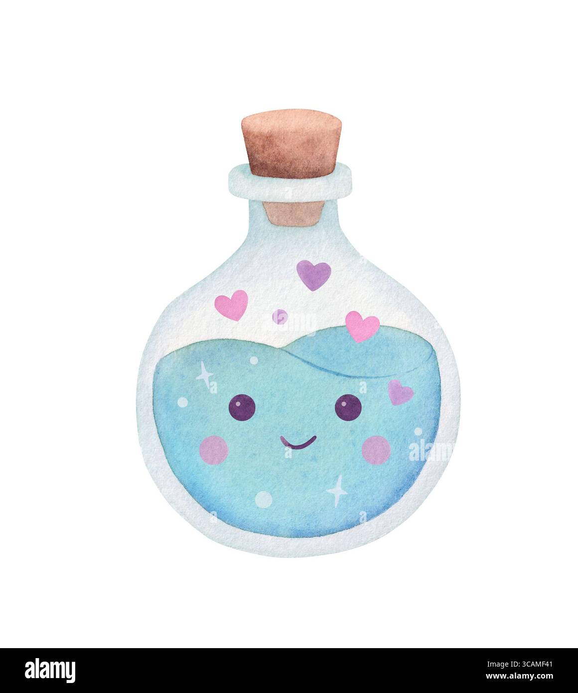 Illustrazione a fumetto acquerello di pozione magica in una bottiglia di vetro con liquido blu. Illustrazione disegnata a mano Halloween, strega elisir. Foto Stock