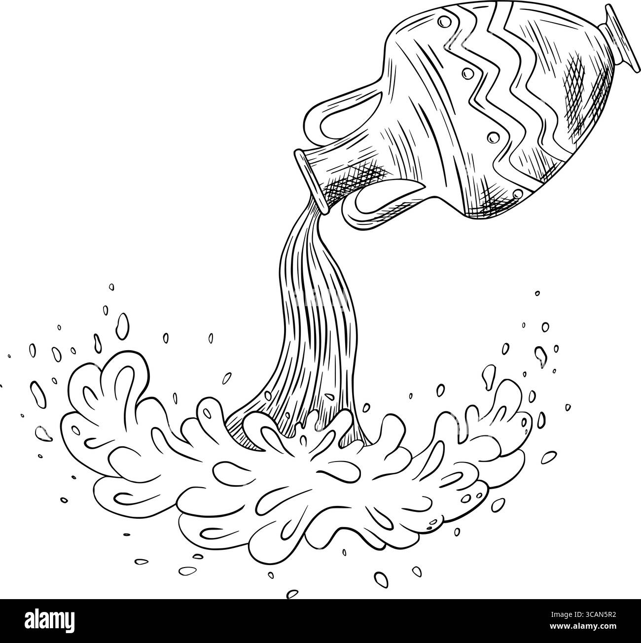 Simbolo dell'Acquario. Icona nera. Segno zodiacale. Illustrazione vettoriale disegnata a mano, personaggio dell'oroscopo astrologico, stelle, costellazione ed elementi celesti Illustrazione Vettoriale