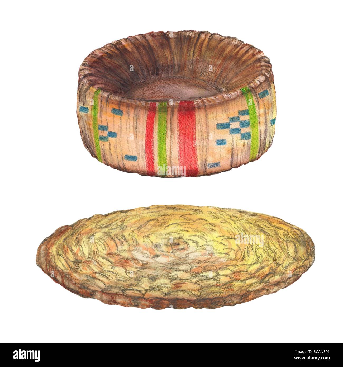 Supporto in vimini per caffettiera etiope con ornamento tradizionale e tovagliolo in paglia illustrazione isolata in acquerello. Prodotti vivaci, design culinari b Foto Stock