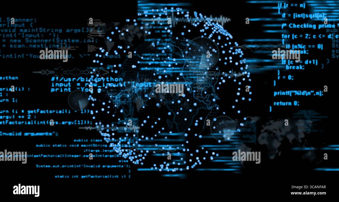 Globo astratto che pulsava con nodi in rete virtuale con flussi di codice Python e Java a scorrimento Foto Stock