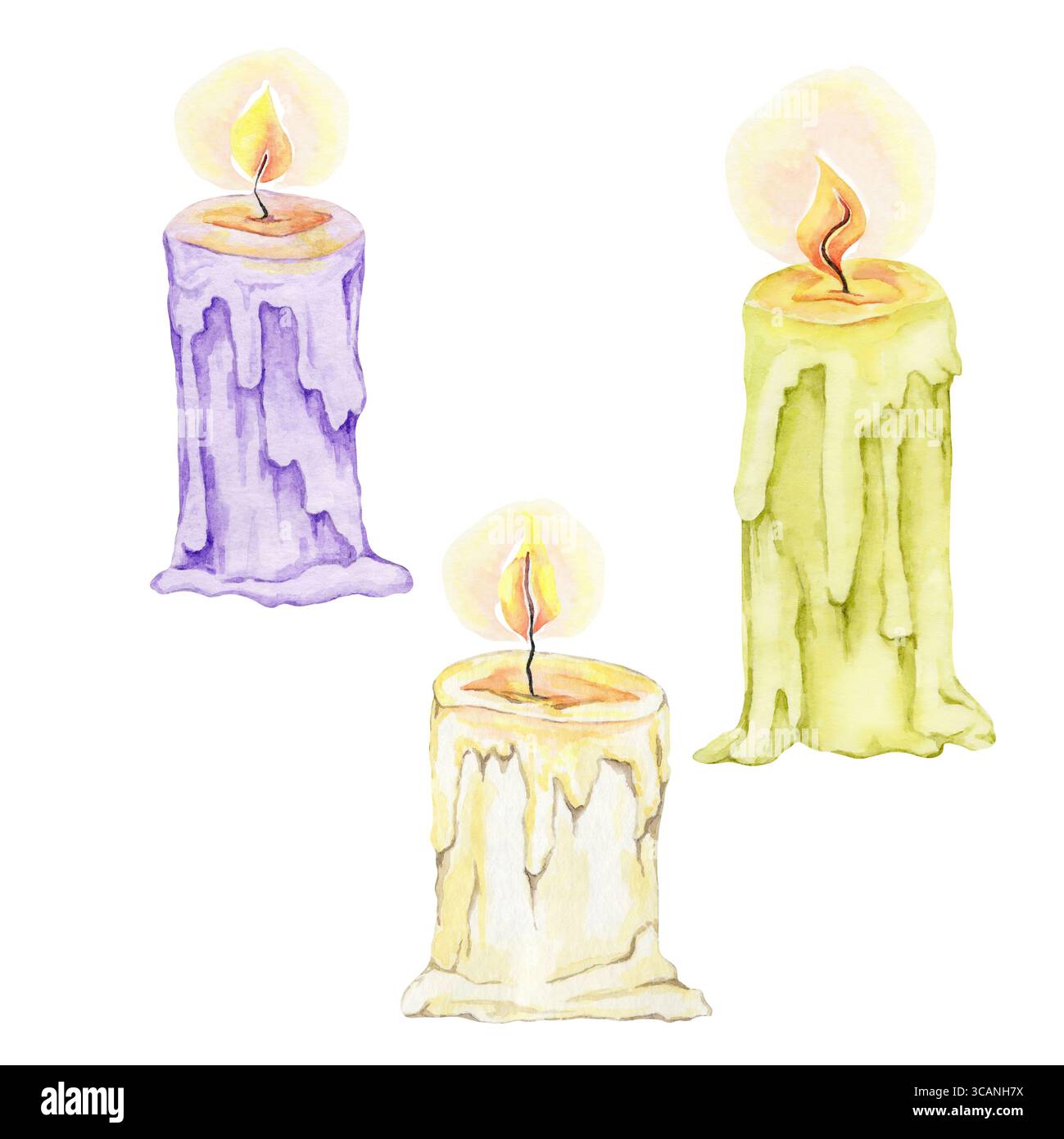 Set di candele verdi, beige e viola in acquerello. Adatto per creatori di scene magiche, set di adesivi strepitosi, inviti di Halloween e kit fai da te stampabili Foto Stock