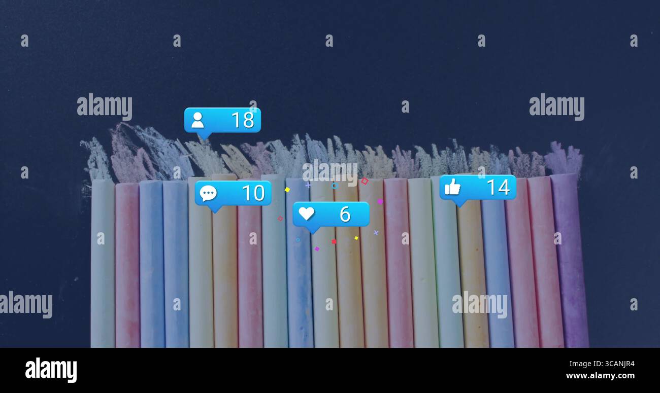 Visualizzazione di bastoncini di gesso pastello allineati sulla superficie dell'ardesia, con icone di notifica fluttuanti Foto Stock