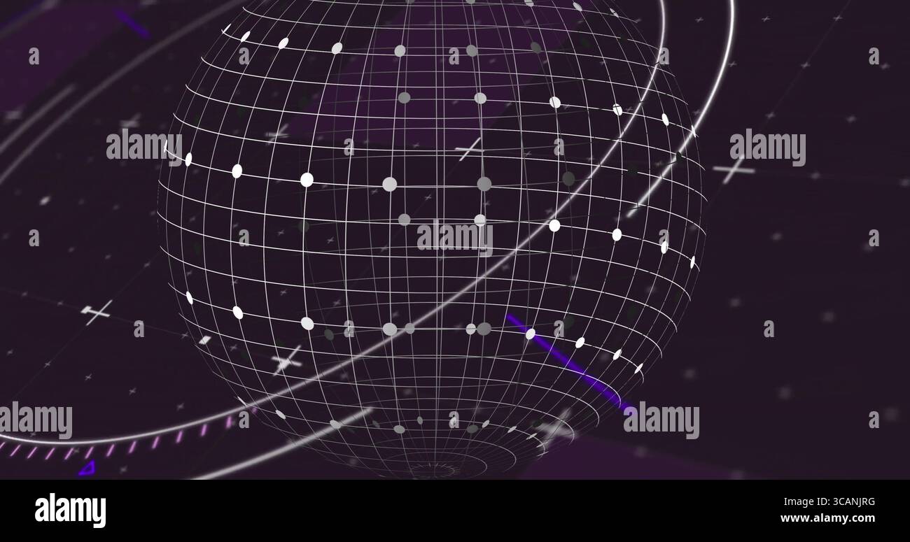 Sfera a reticolo 3D rotante nell'interfaccia digitale con linee griglia, nodi circolari e anelli orbitali Foto Stock
