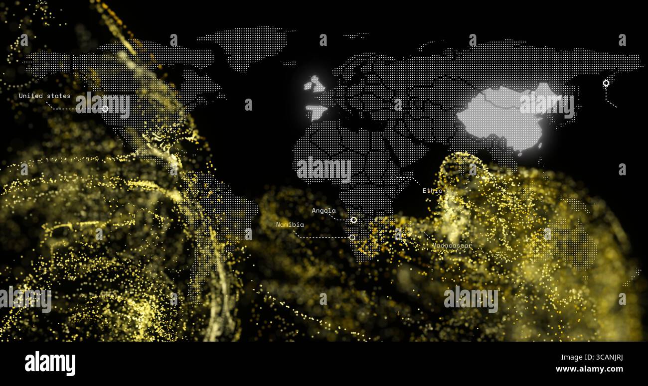 Visualizzazione di una mappa del mondo punteggiata che mostra i flussi di dati sullo schermo, con marcatori di paese e flussi dorati Foto Stock