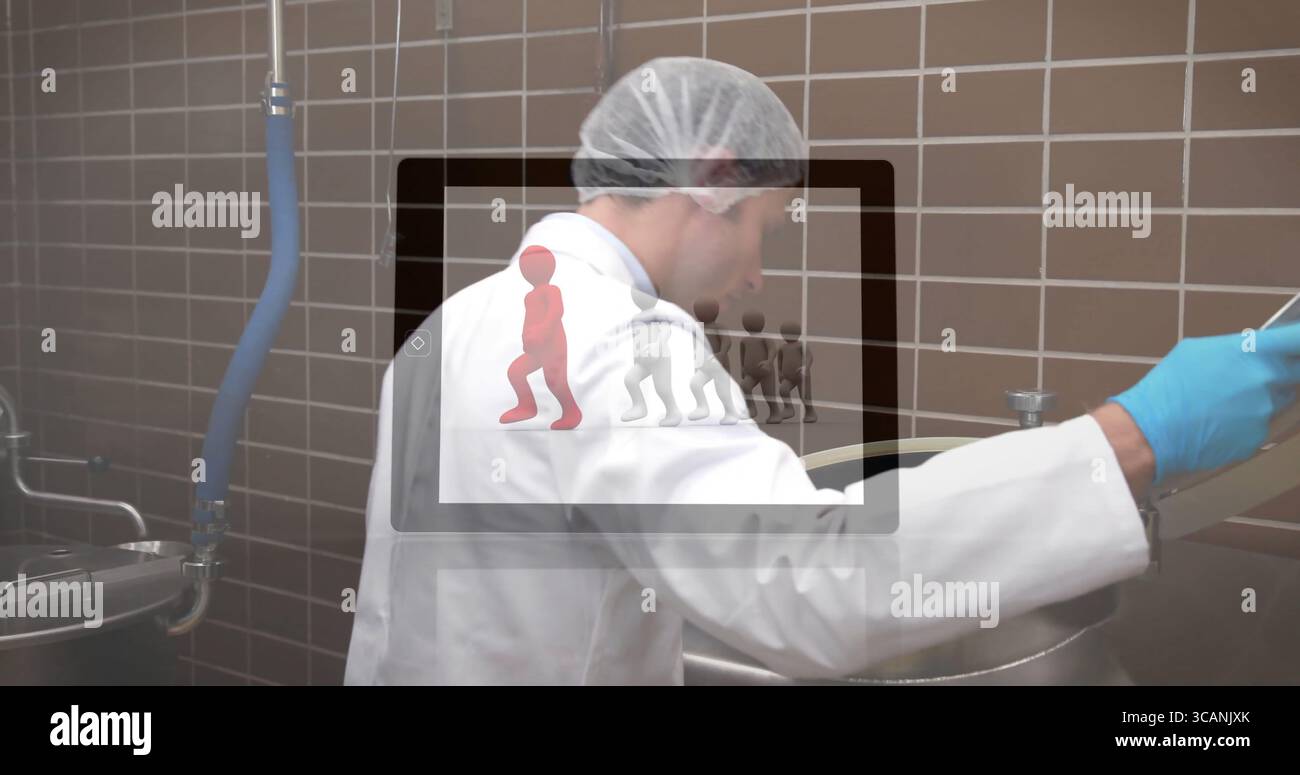 Miscela di campionamento in acciaio iva, tecnico con guanti indossati in laboratorio, con rivestimento digitale Foto Stock