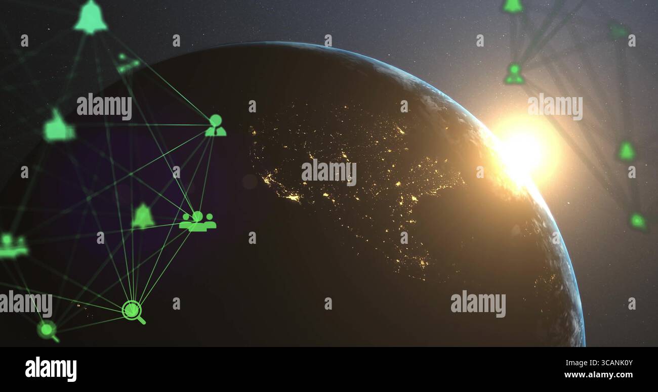 Pianeta Terra che mostra luci notturne e sole che sorgono all'orizzonte nello spazio, con icone di rete digitali Foto Stock