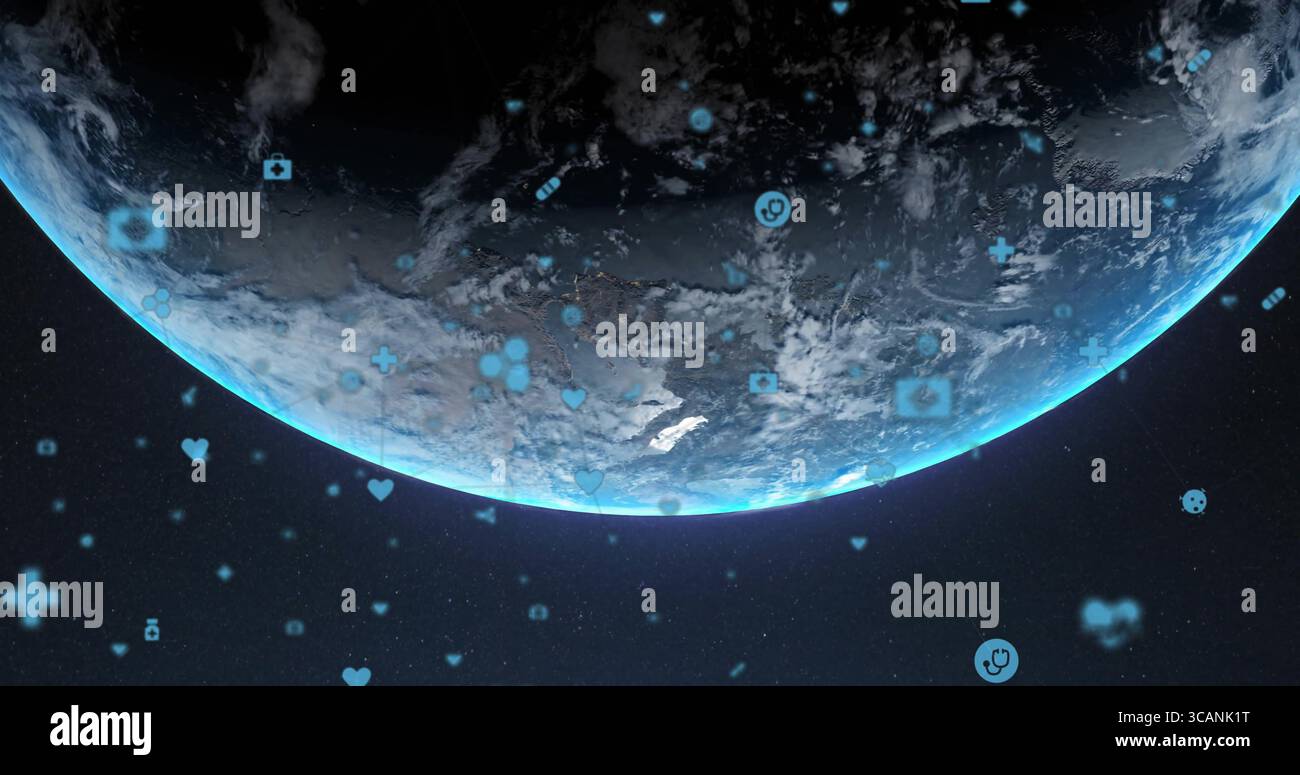 Visualizzazione del globo terrestre 3D che ruota all'orizzonte spaziale, con icone blu di salute e tecnologia che fluttuano Foto Stock