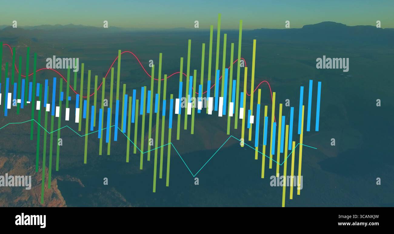 Sovrapposizione di dati che mostra barre verticali e grafici a linee sopra il canyon del deserto al crepuscolo, analisi Foto Stock