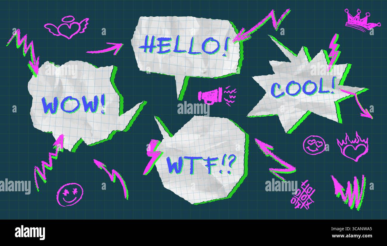 Palloncini di carta strappati e stropicciati con parole: WOW, COOL, WTF, COOL Square grid. e corona, tic tac toe sign. Tag chat stile fumetto e. Illustrazione Vettoriale