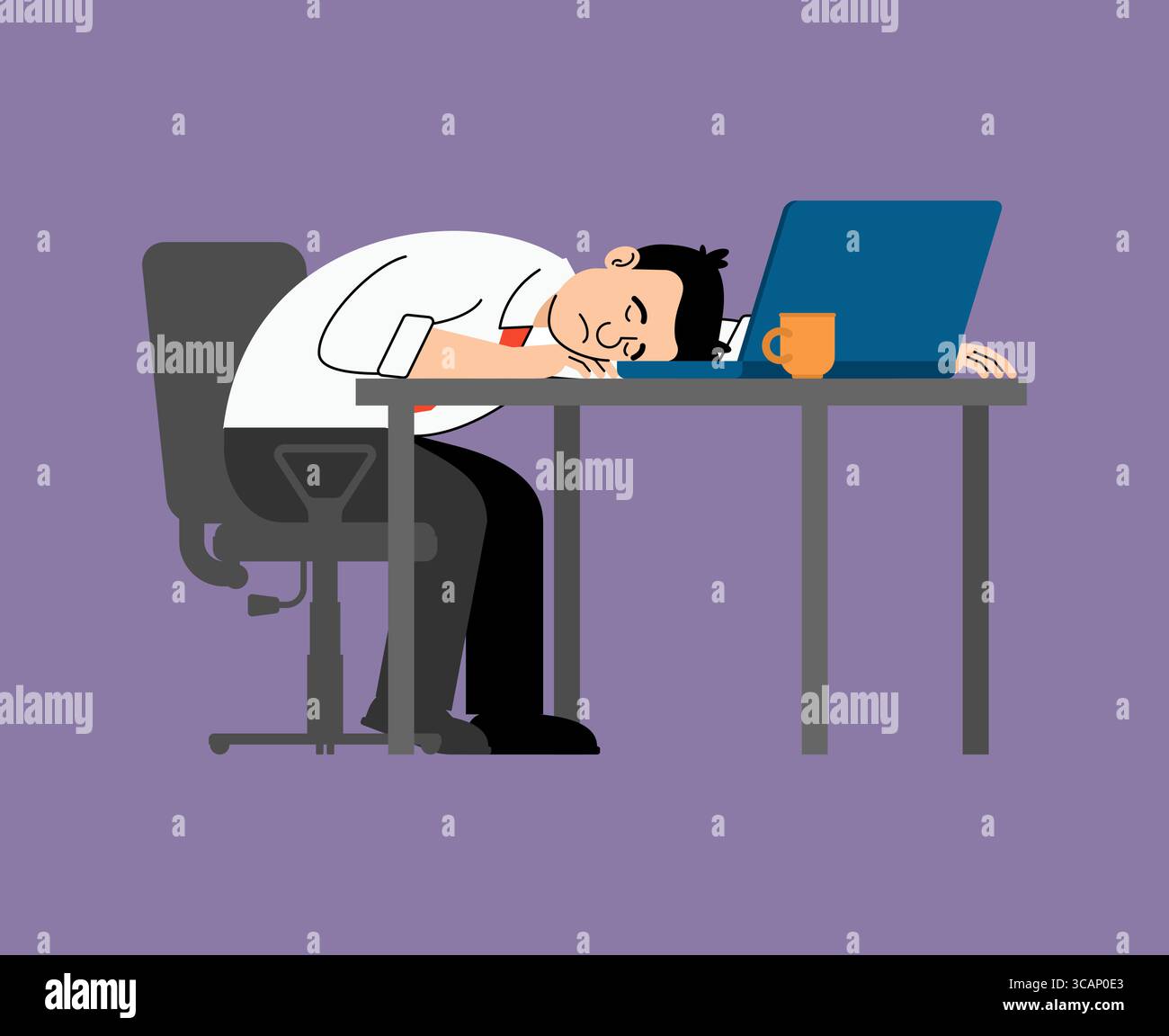 uomo stanco che dorme sulla sua scrivania di fronte a un portatile. Rappresenta il lavoro eccessivo, il burnout, lo stress e lo sfinimento in un moderno ambiente d'ufficio. Illustrazione Vettoriale