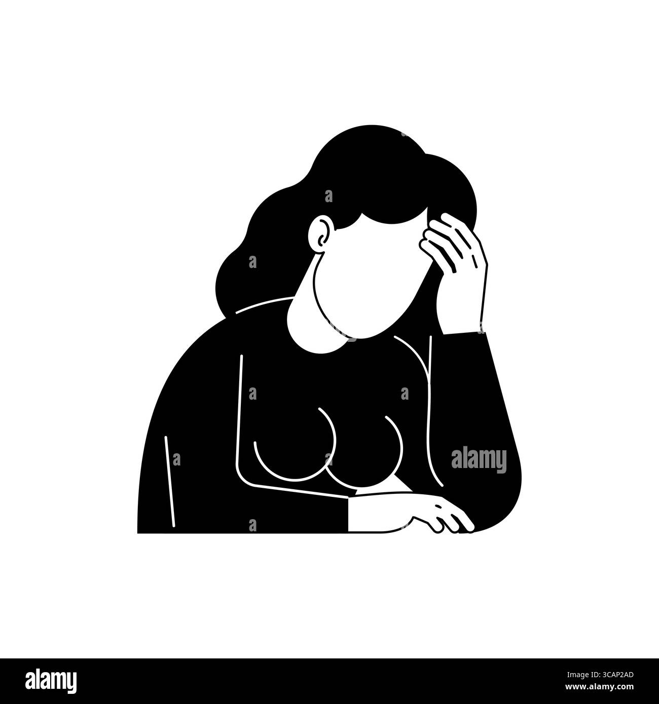 Donna che tiene la testa in mano, esprime dolore, dolore o profondo dolore emotivo. Disegno semplice ma potente in bianco e nero. Illustrazione Vettoriale