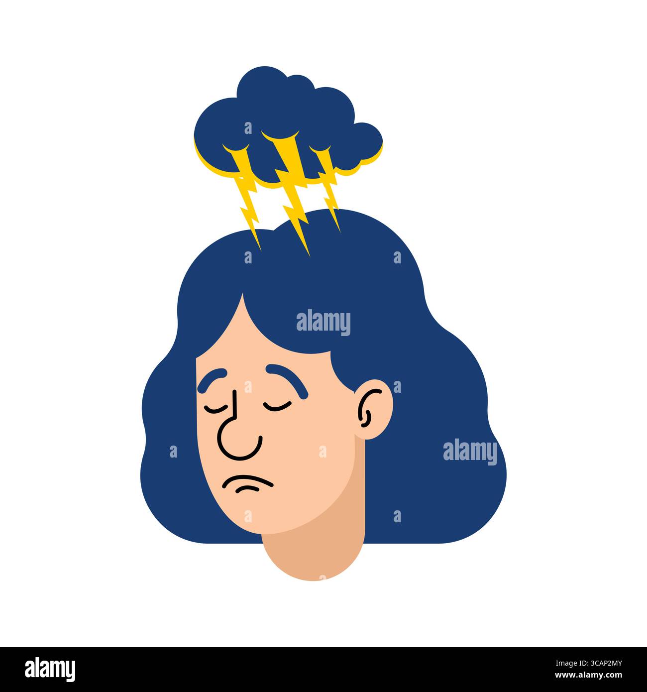 Donna depressa con un tuono sopra la testa. Concetto di malattia mentale, tristezza, burnout e stress emotivo. Design semplice e piatto. Illustrazione Vettoriale