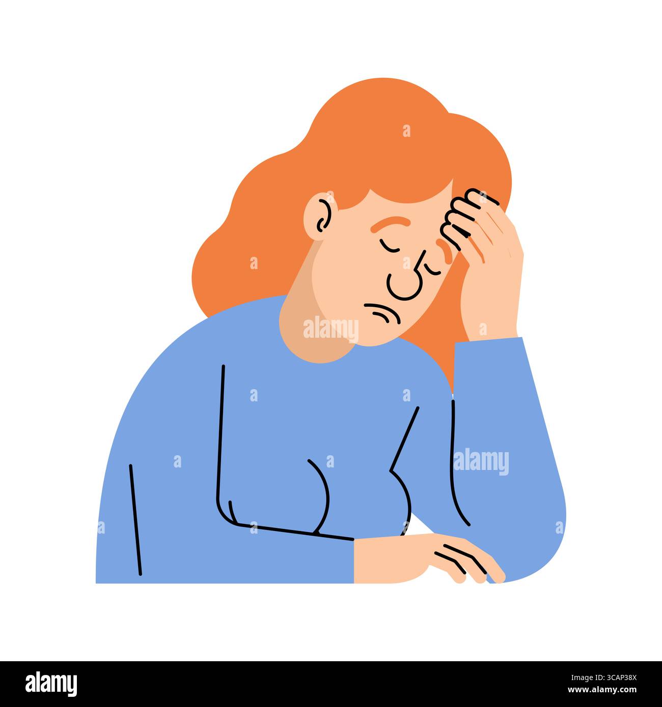 Donna stanca che riposa la testa sulla mano. Illustrazione concettuale vettoriale su affaticamento mentale, tristezza o esaurimento nella vita quotidiana. Illustrazione Vettoriale