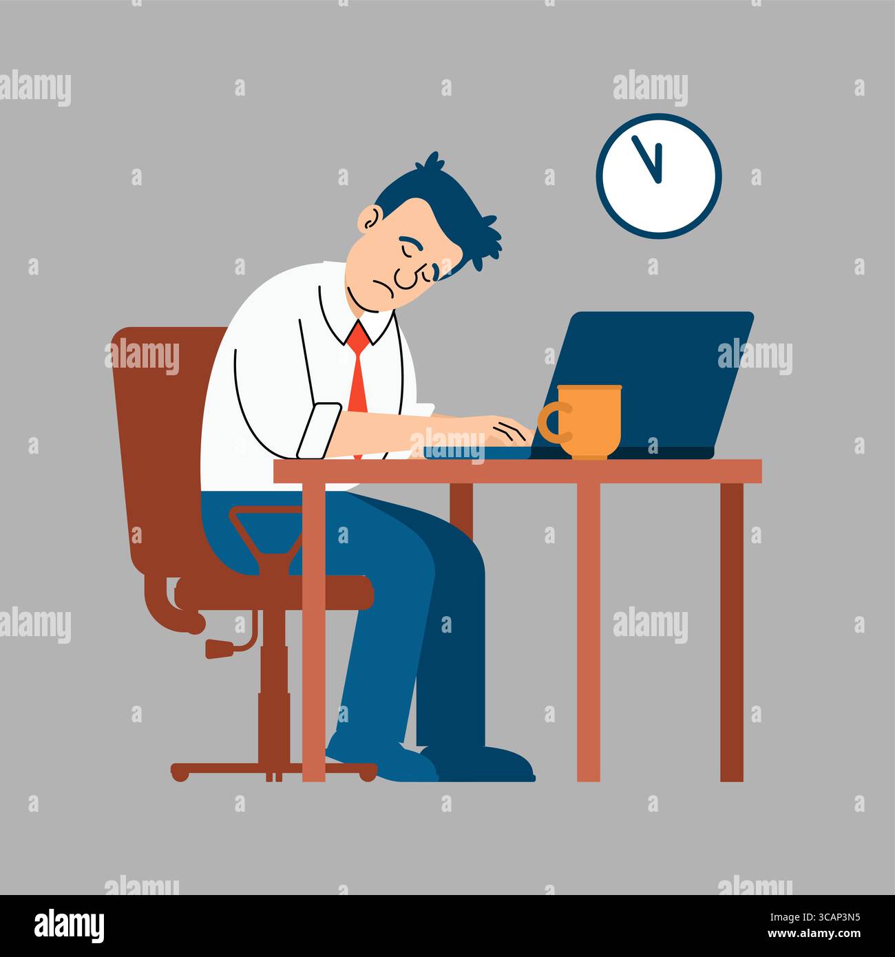 Lavoratore che dorme alla scrivania dopo aver lavorato fino a tardi. Concetto di lavoro eccessivo, esaurimento, privazione del sonno e moderno stile di vita aziendale in un ambiente esigente Illustrazione Vettoriale