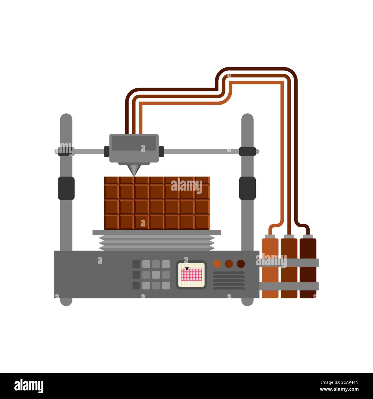 Stampante 3D che produce cioccolato. Innovazione nella produzione alimentare, nella stampa di dessert e nella tecnologia culinaria. Futuristico concetto di dolcezza. Illustrazione Vettoriale