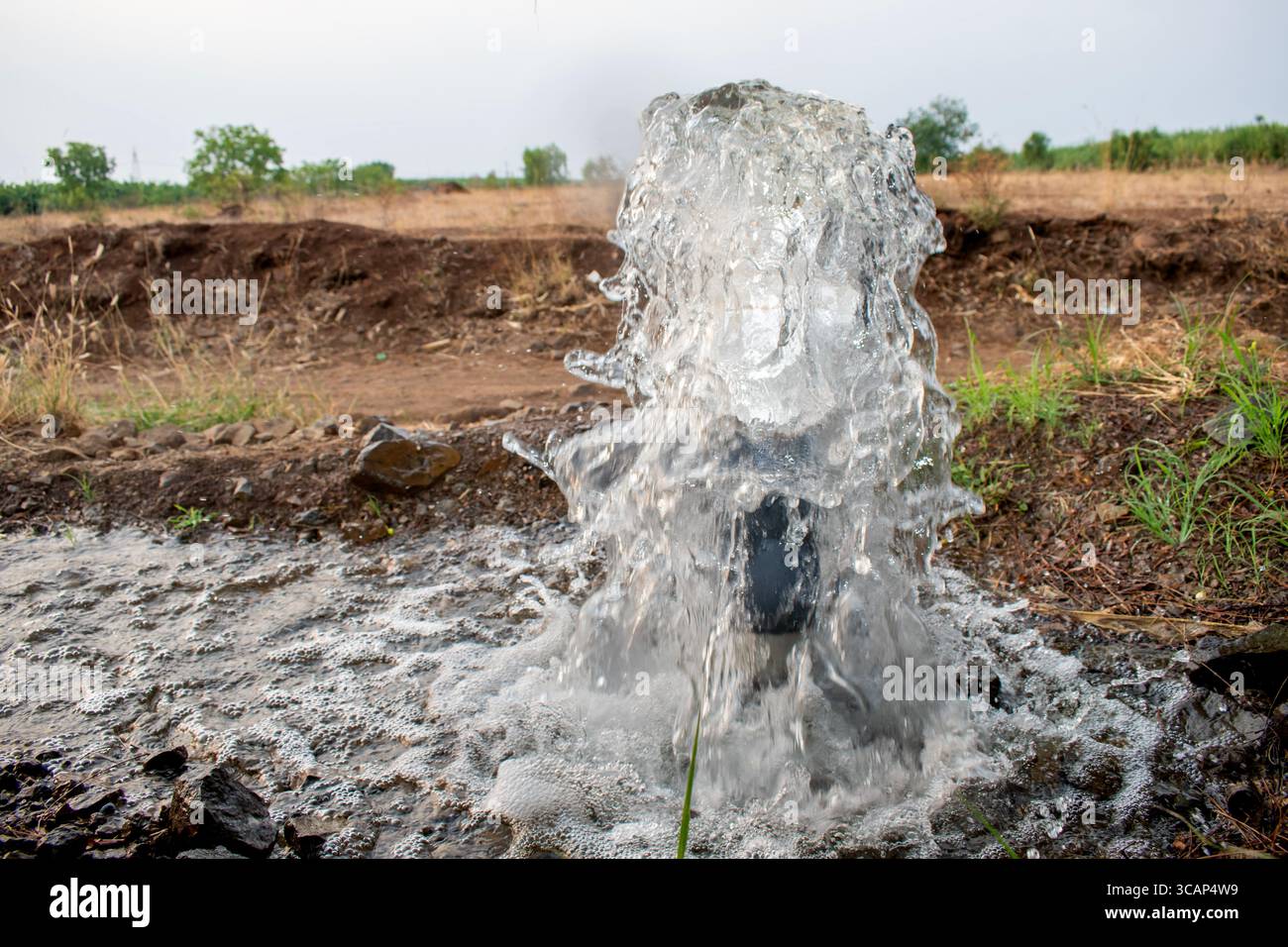 Pompa tubo flusso acqua attrezzature agricoltura, acqua da un laghetto ben riempito per l'irrigazione, acqua di irrigazione dalla fonte, flusso di acqua da grande pu Foto Stock