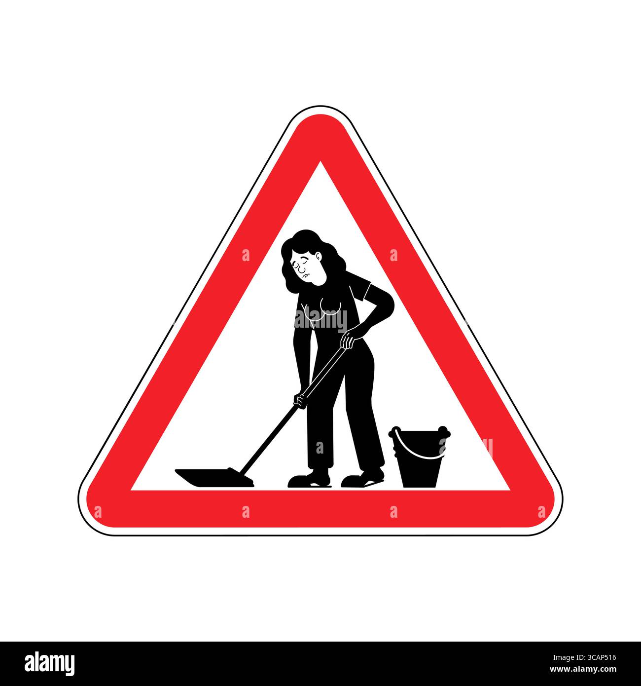 Segnale stradale di avvertenza che raffigura una donna che pulisce il pavimento con un panno e un secchio. Simbolo di attenzione, pulizia in corso e manutenzione igienica. Illustrazione Vettoriale