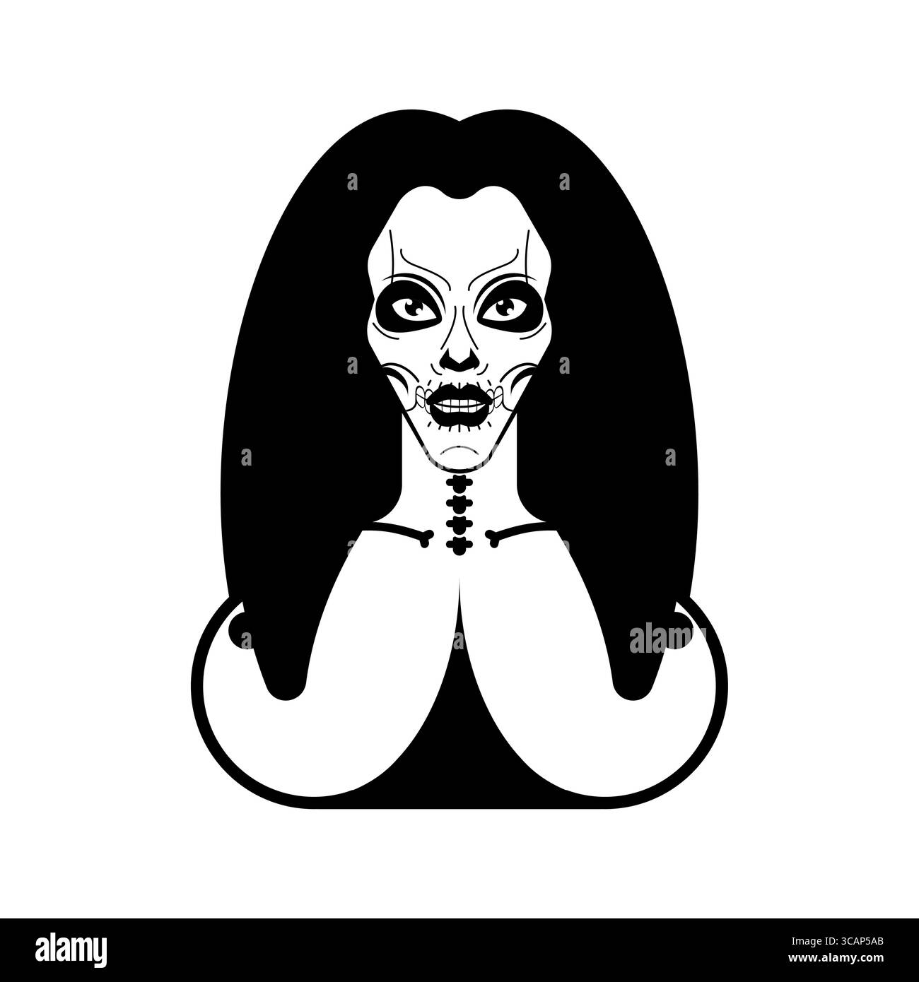 scheletro femminile con lunghi capelli neri e stile gotico. Misterioso e oscuro personaggio horror con occhi vuoti e aura inquietante. Ideale per Halloween o Got Illustrazione Vettoriale