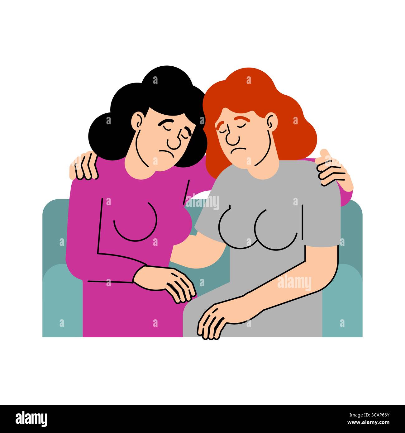 Due donne che si abbracciano e si confortano a vicenda. Concetto di supporto emotivo, amicizia, empatia e connessione in tempi difficili. Illustrazione Vettoriale