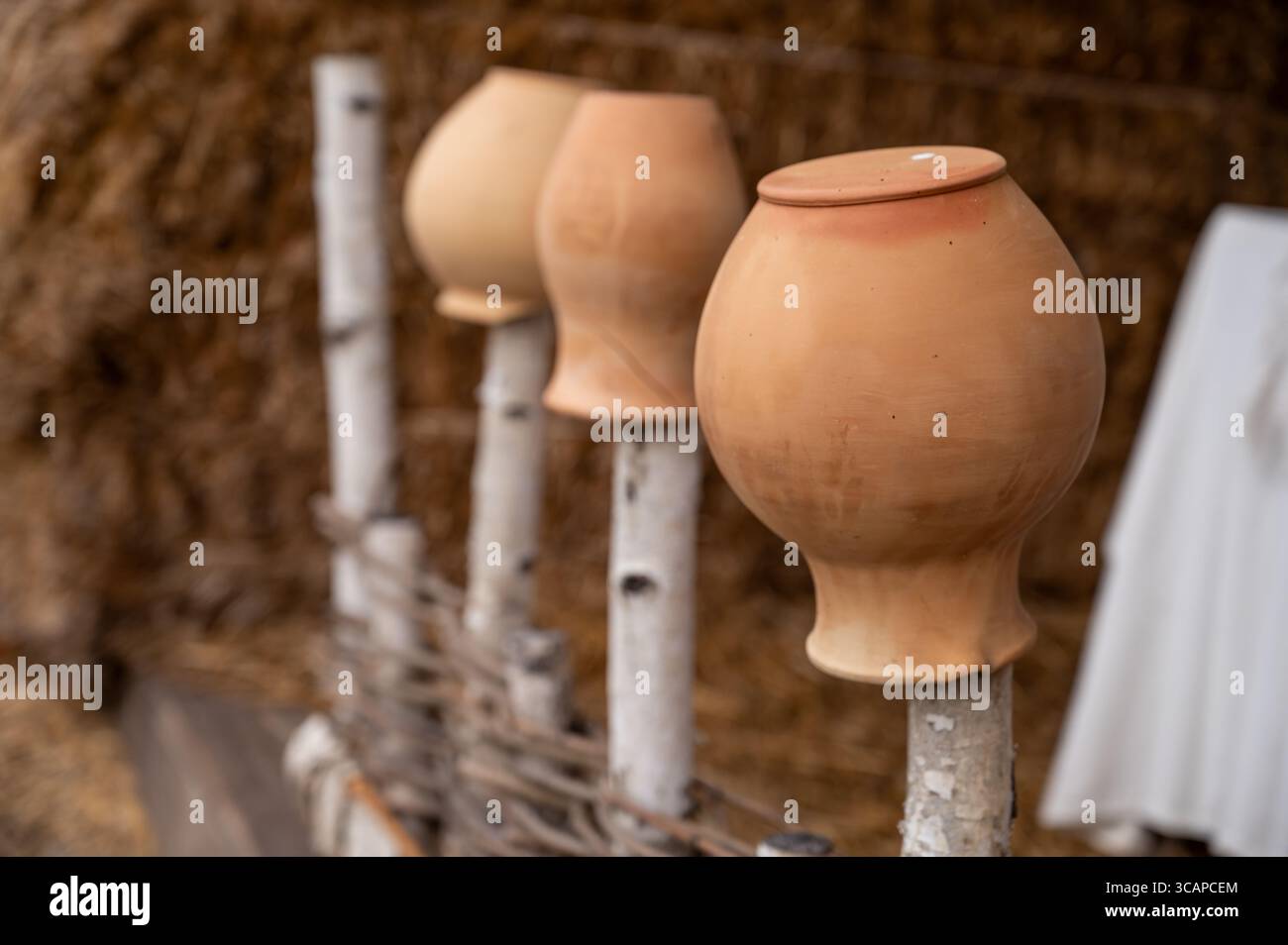 antiche caraffe rustiche di argilla poste sul collo su una recinzione di legno, sullo sfondo di un pagliaio, un elemento della vita di un antico villaggio Foto Stock
