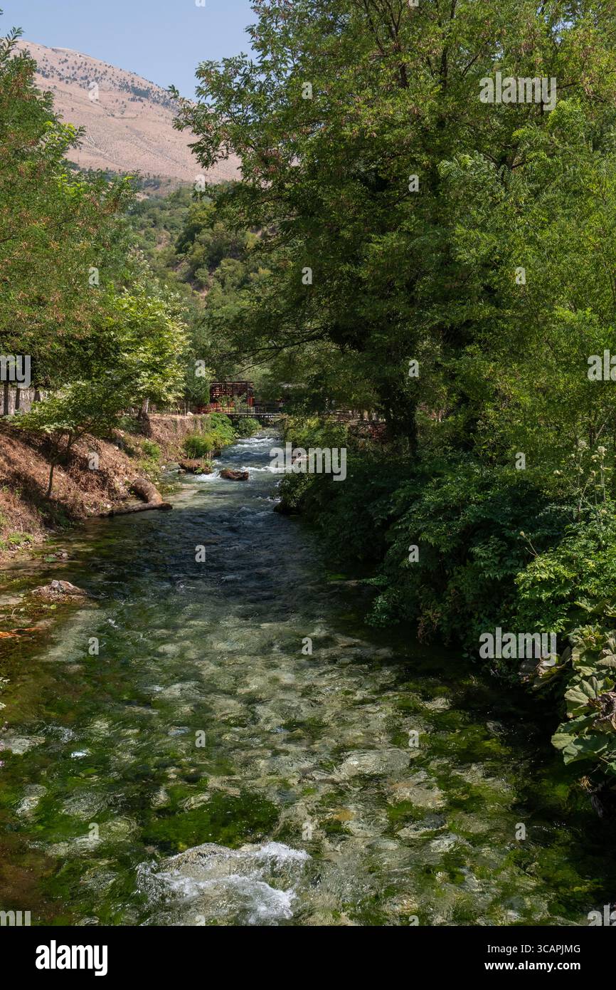 Sorgente Blue Eye a Sarande, Albania, con profonde acque turchesi e bellezze naturali circostanti. Foto Stock