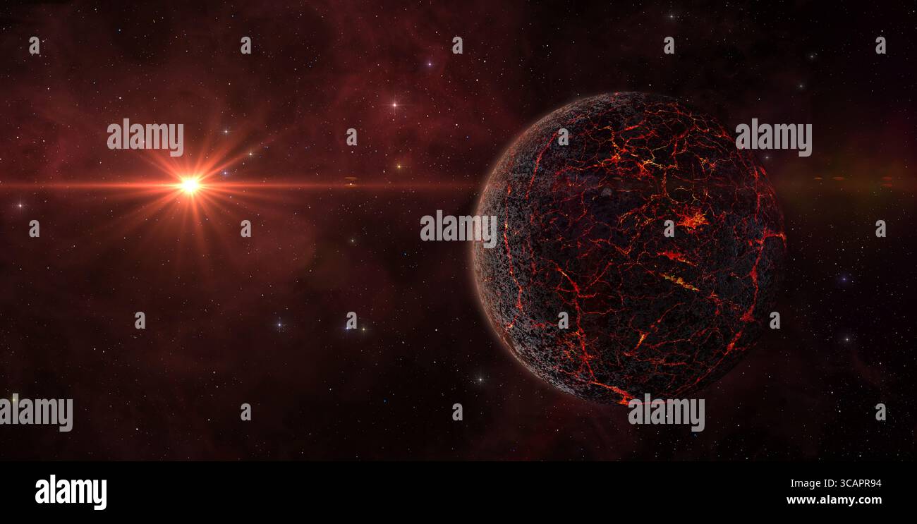 Pianeta vulcanico alieno con crepe di lava e sole rosso in galassia lontana. Un pianeta roccioso coperto di vulcani e crepe di lava. Foto Stock